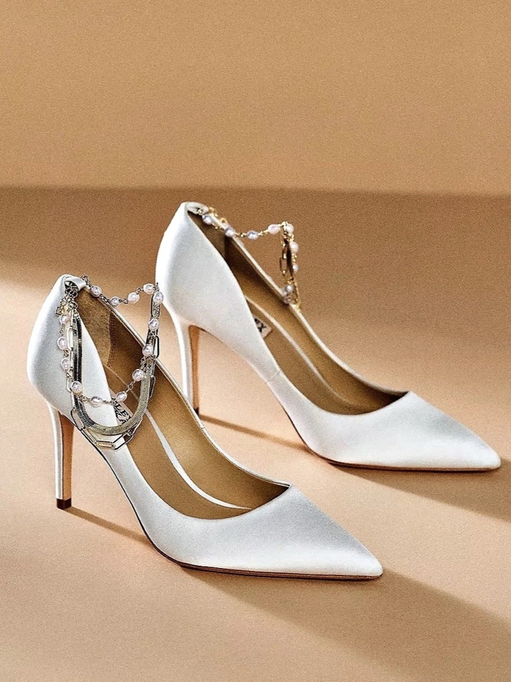 Badgley Mischka Verna Satin Pointed Toe Pumps with Pearl Chain Ankle Strap White